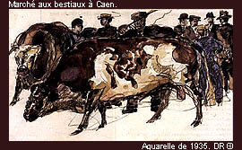 Marché aux bestiaux à Caen. Aquarelle de 1935